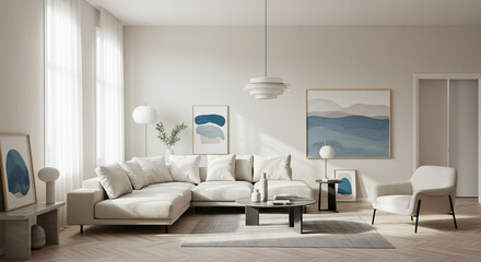 Contemporary Living Room with Neutral Tones and Artistic Accents in an Interior Design
