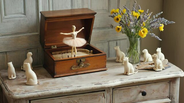 A beautiful wooden music box features a spinning ballerina dancing gracefully as a soothing melody plays. Surrounding it are delicate porcelain animals and a lovely vase filled with wildflowers