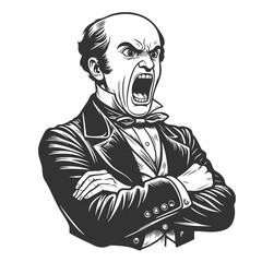 angry man in formal Victorian clothing, yelling with arms defiantly crossed sketch engraving generative ai fictional character raster illustration. Scratch board imitation. Black and white image.