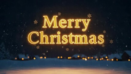 Merry Christmas wishes depicted in animated glittering text over winter landscape. Merry Christmas message conveys warmth with snowy cottages and glowing windows, inviting cozy cheer. - Powered by Adobe