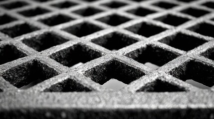Close-up of textured metal grating with diamond-shaped openings in grayscale