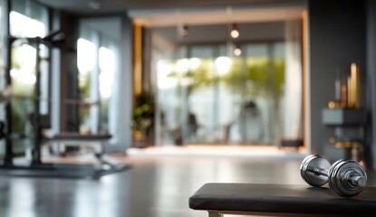 Gym dumbbells on wooden bench