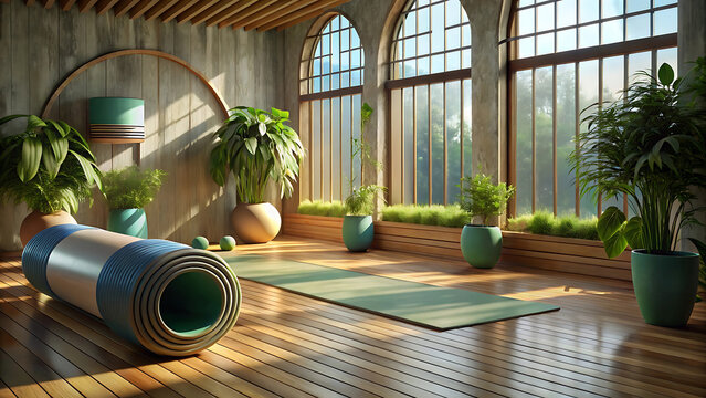 Serene yoga studio with large arched windows and lush green plants