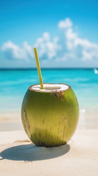 Refreshing green coconut with a yellow straw sits on a sandy beach with turquoise ocean and blue sky
