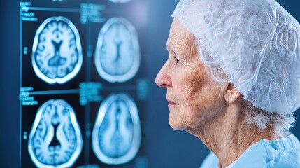 Elderly woman in a medical cap looks at brain scan images on a screen in a clinical setting.