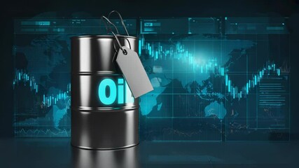 A 3D animated oil barrel displays a changing price tag, surrounded by a high-tech trading interface featuring glowing graphs and world production maps that reflect active market trends - Powered by Adobe