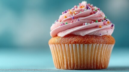 Multi - layer Pink Frosted Cupcake with Sprinkles, Fresh Blue Background