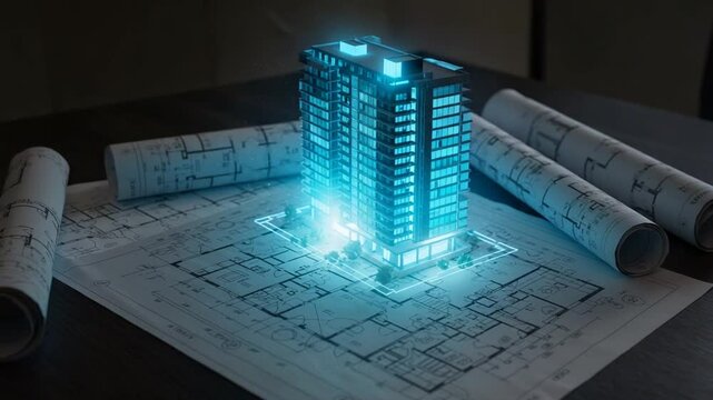 Futuristic building model on architectural blueprints