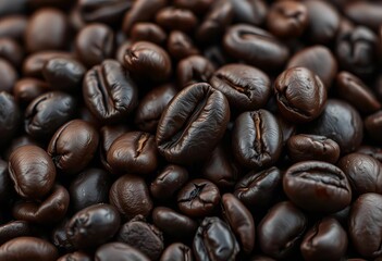 Fototapeta premium Dark, oily, roasted coffee beans, close-up texture, texture, surface