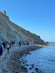 A group of tourists traveling walk the sea beach