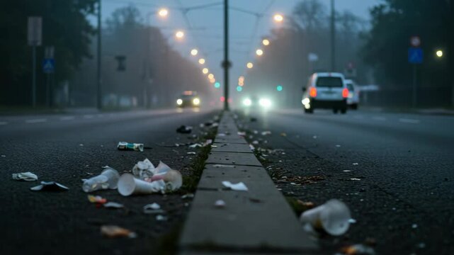 Evening street with litter in city, trash litters road in urban environment. Discarded trash in road makes for unsanitary conditions in city, as environment is impacted by urban mess.