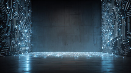 Glowing Circuit Board Room with Futuristic Blue Lighting