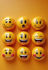 Happy emojis, orange circles display varying degrees of joy on orange backdrop