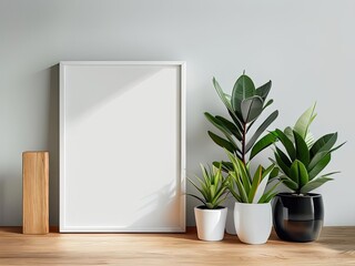 Vertical blank white frame with plants on a wooden table