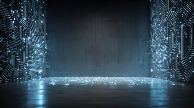 Glowing Circuit Board Room with Futuristic Blue Lighting