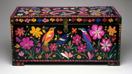 A vibrant black chest adorned with colorful birds and flowers featuring intricate folk art detailing