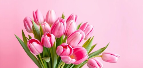 Obraz premium Delicate pink tulips arranged in a bouquet against a soft pink backdrop Plenty of copy space, freshness, love