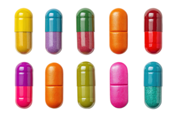Colorful Capsules and Pills in a Row on Transparent Background