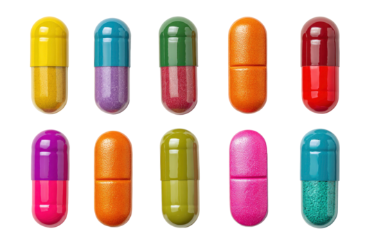 Colorful Capsules and Pills in a Row on Transparent Background