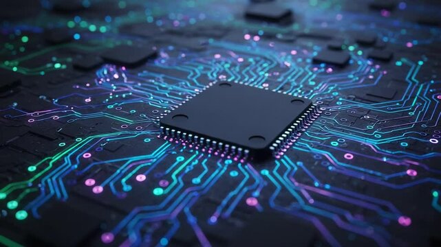 Close-up of a microchip on a vibrant circuit board