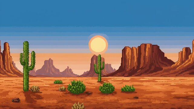 Pixel Art Desert Landscape Animation with Cacti and Red Rock Mountains under Bright Sky Perfect for Game Backgrounds