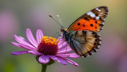  a detailed macro of a vibrant butterfly perched on a wildflower, fine textures on its wings and the petals clearly visible, soft bokeh background -