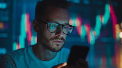 a person intensely focused on his phone, with a blurred backdrop displaying data visualizations