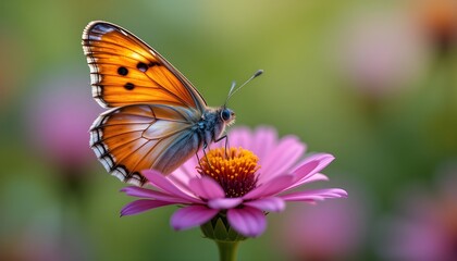 a detailed macro of a vibrant butterfly perched on a wildflower, fine textures on its wings and the petals clearly visible, soft bokeh background -