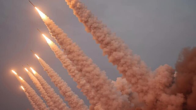 A series of rockets are launched into the sky, creating a sense of chaos and destruction. The smoke and fire from the explosions fill the air, creating a tense and ominous atmosphere