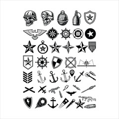 Collection of military and nautical icons, including skulls, grenades, anchors, airplanes, and stars