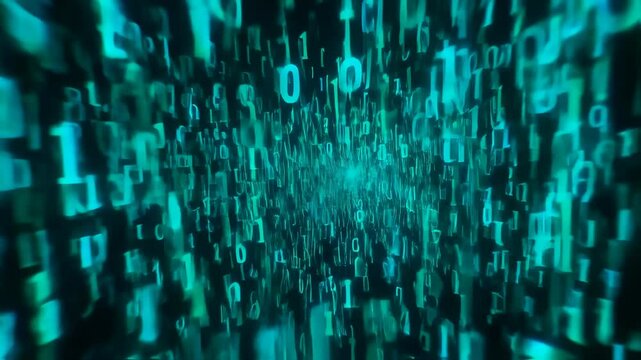 Digital Data Stream: Abstract Turquoise Numbers Flowing Dynamically Through Cyberspace