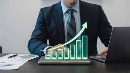 Businessman Analyzing Data with Green Growth Chart,Financial Analysis Concept,Analyzing Growth Chart Displayed,Businessman Hand Points Upward on Green Growth Chart,success in business concept,Ai