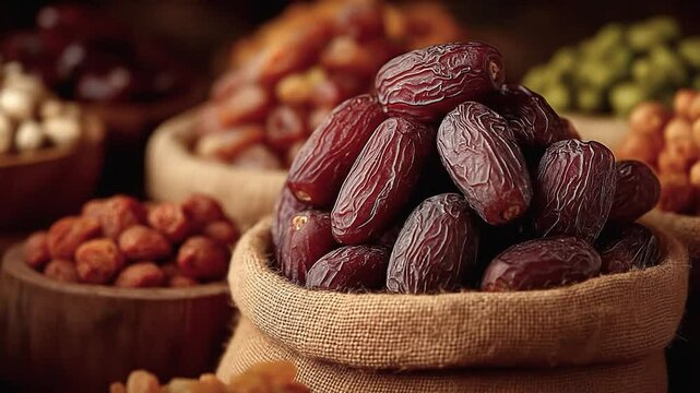 Exotic Dates: Close-up shot of a pile of dates, showcasing their rich texture and inviting hue, amidst a selection of complementary dried fruits.