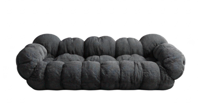 Dark gray, tufted sofa with prominent cushions