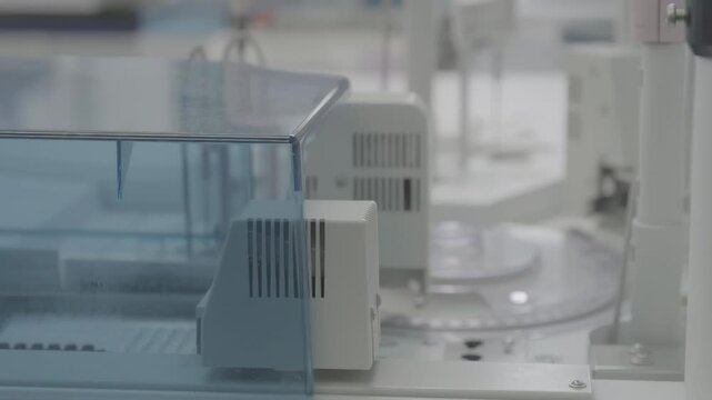 Biotechnology Instrumental Immunochemistry laboratory with blood tubes with bar code specimens Them Inside an Advanced Machine for chemistry test analysis in laboratory centrifuge