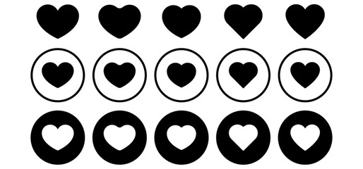Set of black circular heart icons in a grid layout on white background. Minimalist love symbols ideal for valentine's day, dating apps, romantic themes, social media likes or posts. heart icons.