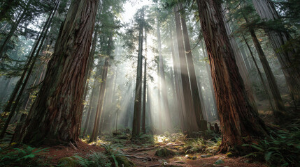 Naklejka premium Misty forest of towering red-barked trees with sunbeams piercing through ancient canopy, conveying primordial serenity.