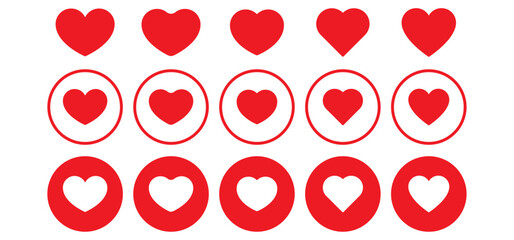 Set of red circular heart icons in a grid layout on white background. Minimalist love symbols ideal for valentine's day, dating apps, romantic themes, social media likes or posts. heart icons.