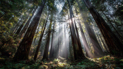Enchanted misty forest with towering crimson-barked trees creating sunbeam tunnels through ancient canopy, vibrant moss carpets