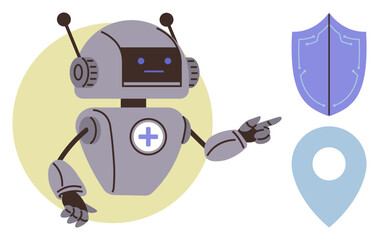 Robot with a medical cross on its chest pointing toward a shield and map marker, representing protection and navigation. Ideal for technology, healthcare, safety, cybersecurity, robotics, innovation