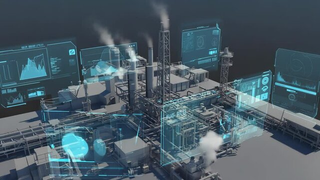 Detailed 3D oil rig actively drilling into the ground. Witness daily output data and a variety of holographic projections showcasing refining processes and export statistics