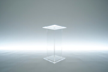 Sleek Acrylic Lectern: A minimalist transparent acrylic lectern standing gracefully, bathed in subtle light, against a clean backdrop, exuding modern elegance and functional simplicity.