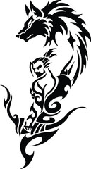 warrior vector tribal wolf and warrior tattoo design, warrior vector black tribal wolf and fighter silhouette illustration