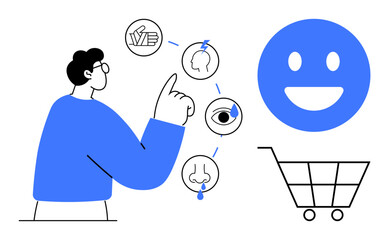 Person pointing at sensory icons illustrating vision, smell, hearing, and touch linked to emotion and a shopping cart. Ideal for psychology, behavior, ecommerce, marketing, customer journey sensory