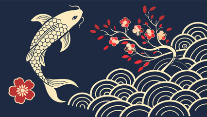 Japanese koi fish art print with cherry blossoms and ocean waves oriental style wall decor illustration art