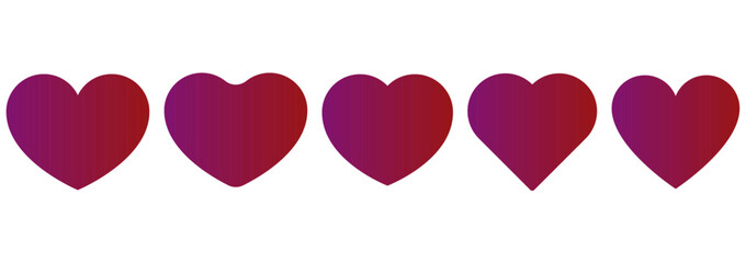heart set in red and pink purple colour, love heart icon vector. Red heart in set white background. red hearts icon set vector. Various simple red vector heart love icon. Heart collection.