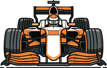 Front view of a cartoonish Formula 1 race car, orange and white, in a dynamic racing pose.