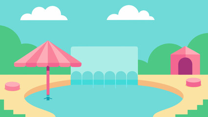 Tropical city beach vector illustration with parasols, sea, sun, and sand for a relaxing summer holiday