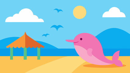 Tropical summer vacation landscape with birds on the sandy beach, ocean waves, and palm trees under a sunny sky