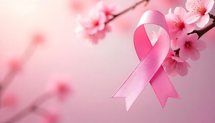 Pinktober ribbon wallpaper, featuring pink cherry blossoms, for Breast Cancer Awareness Month concep designs. Women health care support. For wallpaper, presentation, banner, created with generative ai